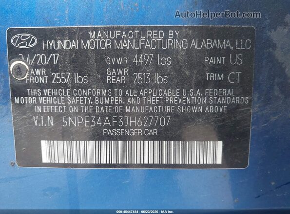 5NPE34AF3JH627707 2018 HYUNDAI SONATA Blue Widok komory silnika