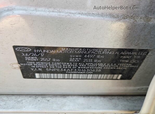 5NPE34AF3JH630638 2018 HYUNDAI SONATA Silver Vista del compartimento del motor