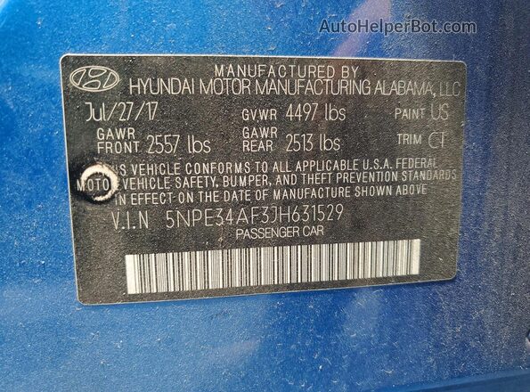 5NPE34AF3JH631529 2018 HYUNDAI SONATA Blue ძრავის განყოფილების ხედი