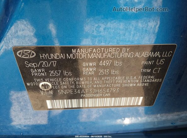 5NPE34AF3JH654793 2018 HYUNDAI SONATA Blue Engine compartment view