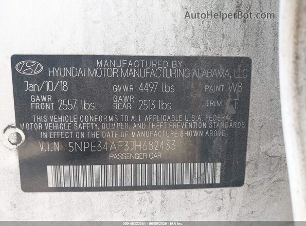 5NPE34AF3JH682433 2018 HYUNDAI SONATA White ძრავის განყოფილების ხედი