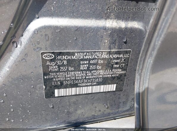 5NPE34AF3KH735830 2019 HYUNDAI SONATA Gray Вид підкапотного простору