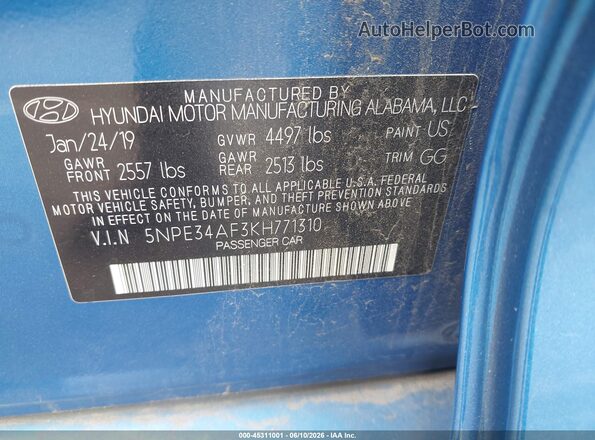 5NPE34AF3KH771310 2019 HYUNDAI SONATA Синий Вид подкапотного пространства