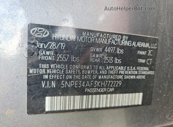 5NPE34AF3KH772229 2019 HYUNDAI SONATA Gray 