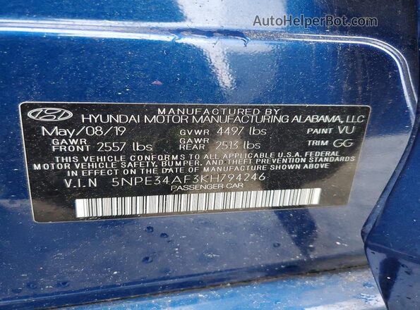 5NPE34AF3KH794246 2019 HYUNDAI SONATA Blue Engine compartment view