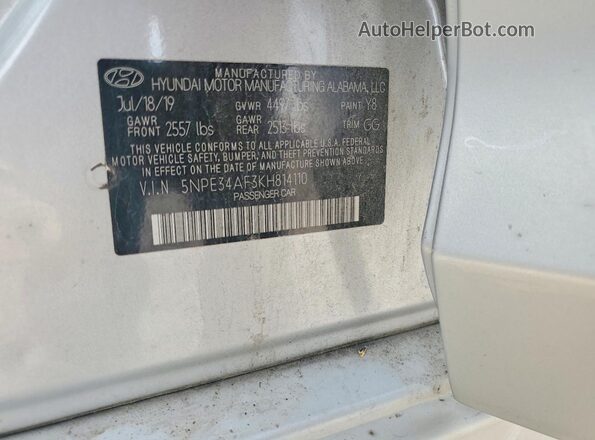 5NPE34AF3KH814110 2019 HYUNDAI SONATA Silver Vista de la etiqueta del VIN