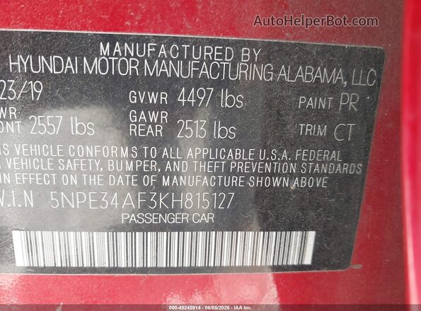 5NPE34AF3KH815127 2019 HYUNDAI SONATA Red Widok komory silnika