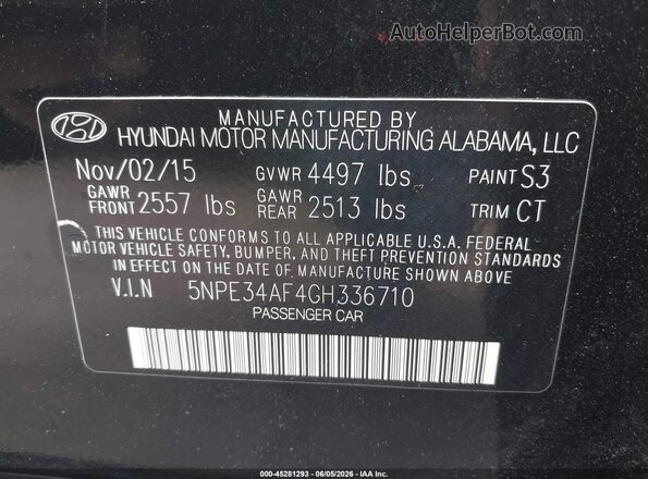 5NPE34AF4GH336710 2016 HYUNDAI SONATA Black 