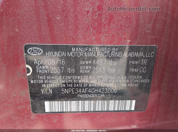 5NPE34AF4GH423006 2016 HYUNDAI SONATA Red Вид підкапотного простору