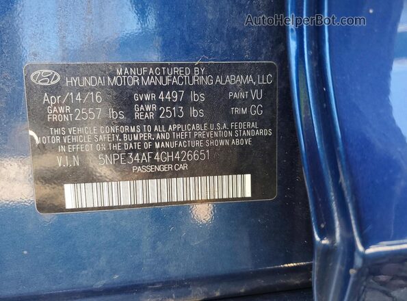 5NPE34AF4GH426651 2016 HYUNDAI SONATA Blue 