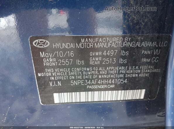 5NPE34AF4HH441054 2017 HYUNDAI SONATA Blue Vista del compartimento del motor