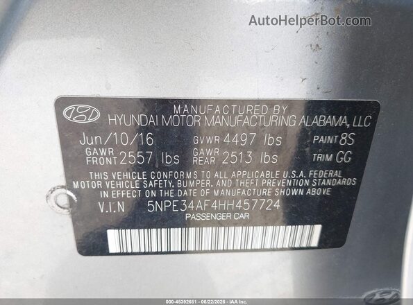 5NPE34AF4HH457724 2017 HYUNDAI SONATA Gray Widok komory silnika