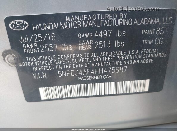 5NPE34AF4HH475687 2017 HYUNDAI SONATA Gray Շարժիչի բաժամունքի տեսք