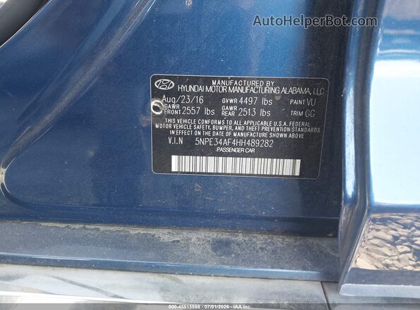 5NPE34AF4HH489282 2017 HYUNDAI SONATA Blue Vista del compartimento del motor