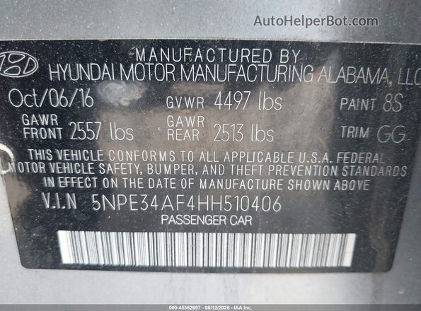5NPE34AF4HH510406 2017 HYUNDAI SONATA Silver Engine compartment view