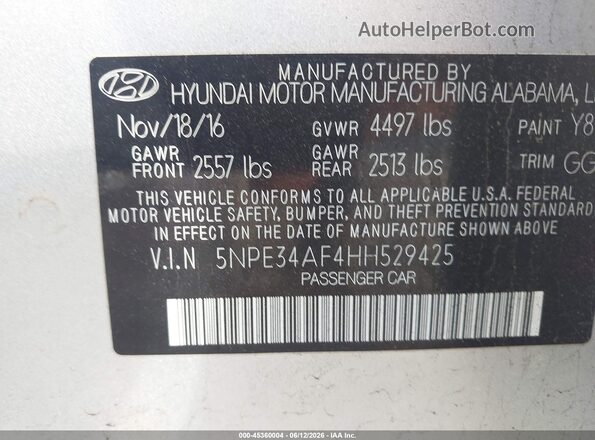 5NPE34AF4HH529425 2017 HYUNDAI SONATA Silver Widok komory silnika