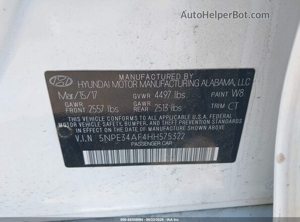 5NPE34AF4HH575322 2017 HYUNDAI SONATA White Engine compartment view