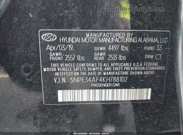 5NPE34AF4KH788102 2019 HYUNDAI SONATA Черный Вид подкапотного пространства