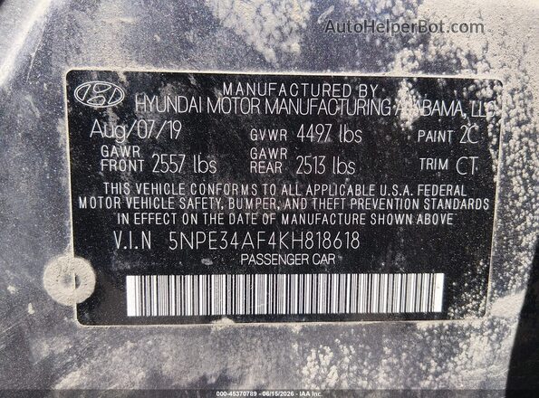 5NPE34AF4KH818618 2019 HYUNDAI SONATA Серый Вид подкапотного пространства