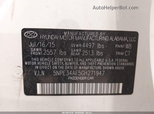 5NPE34AF5GH271947 2016 HYUNDAI SONATA White Engine compartment view
