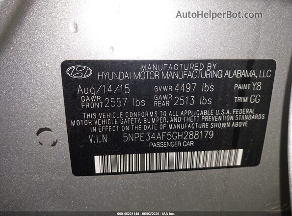 5NPE34AF5GH288179 2016 HYUNDAI SONATA Серебряный Вид подкапотного пространства