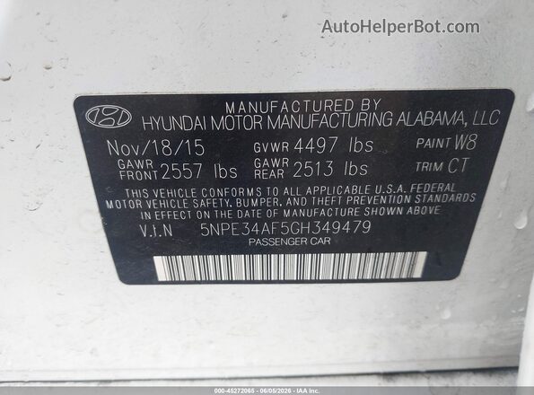 5NPE34AF5GH349479 2016 HYUNDAI SONATA White Engine compartment view