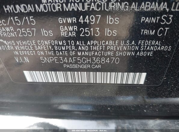 5NPE34AF5GH368470 2016 HYUNDAI SONATA Черный Вид подкапотного пространства