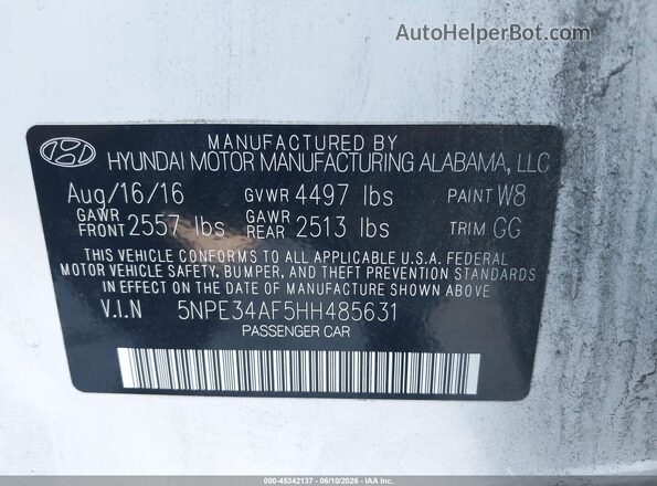 5NPE34AF5HH485631 2017 HYUNDAI SONATA White Engine compartment view