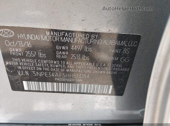 5NPE34AF5HH513184 2017 HYUNDAI SONATA Silver ძრავის განყოფილების ხედი
