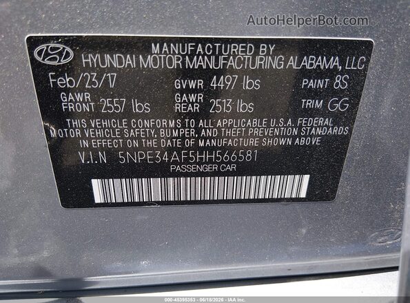 5NPE34AF5HH566581 2017 HYUNDAI SONATA Silver Շարժիչի բաժամունքի տեսք