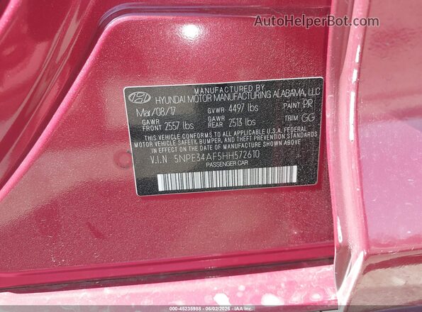 5NPE34AF5HH572610 2017 HYUNDAI SONATA Red ძრავის განყოფილების ხედი
