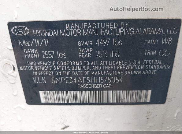5NPE34AF5HH575054 2017 HYUNDAI SONATA White ძრავის განყოფილების ხედი