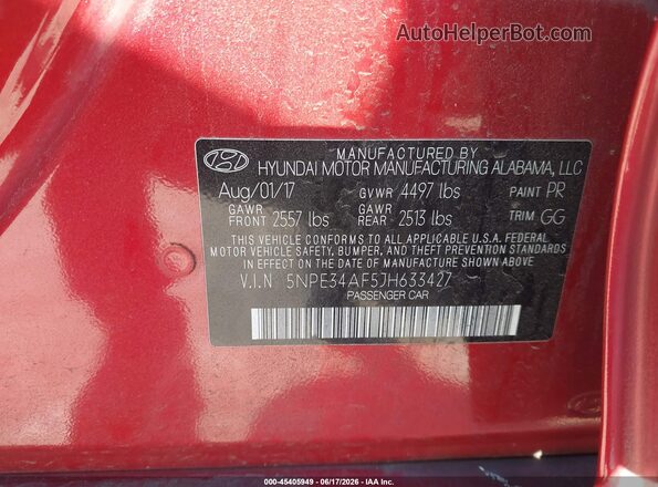 5NPE34AF5JH633427 2018 HYUNDAI SONATA Red Вид підкапотного простору