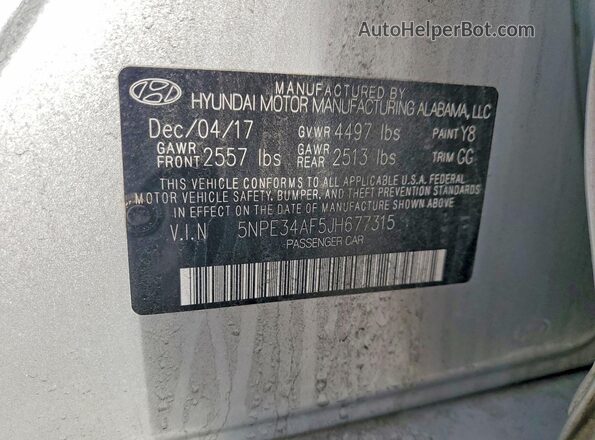 5NPE34AF5JH677315 2018 HYUNDAI SONATA Silver Вид наклейки з VIN-кодом