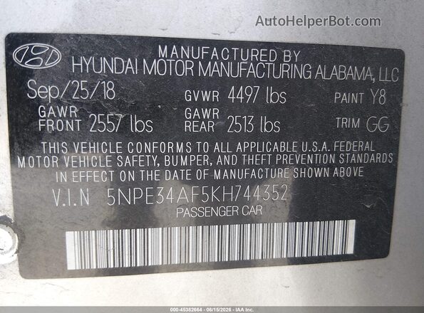 5NPE34AF5KH744352 2019 HYUNDAI SONATA Gray Engine compartment view