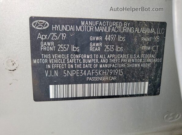 5NPE34AF5KH791915 2019 HYUNDAI SONATA Silver VIN sticker view