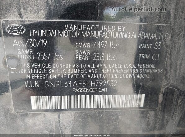 5NPE34AF5KH792532 2019 HYUNDAI SONATA Black Engine compartment view