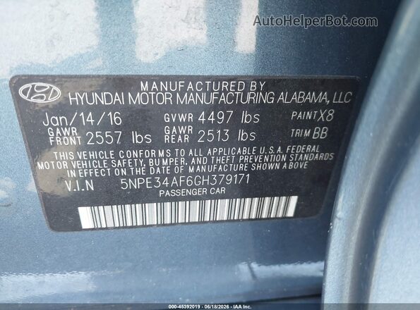 5NPE34AF6GH379171 2016 HYUNDAI SONATA Blue Շարժիչի բաժամունքի տեսք