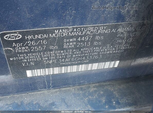5NPE34AF6GH433763 2016 HYUNDAI SONATA Blue Շարժիչի բաժամունքի տեսք