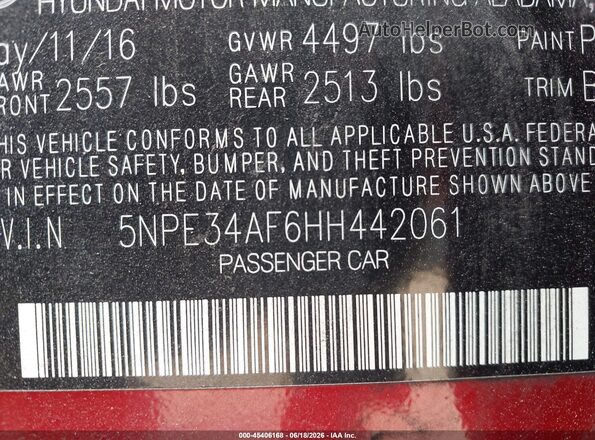5NPE34AF6HH442061 2017 HYUNDAI SONATA Красный Вид подкапотного пространства