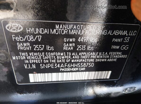 5NPE34AF6HH558750 2017 HYUNDAI SONATA Черный Вид подкапотного пространства
