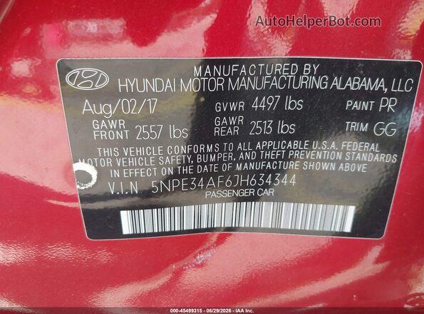 5NPE34AF6JH634344 2018 HYUNDAI SONATA Red Շարժիչի բաժամունքի տեսք