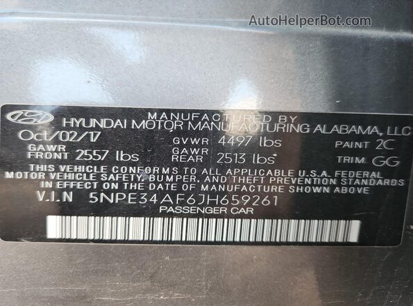 5NPE34AF6JH659261 2018 HYUNDAI SONATA Gray Շարժիչի բաժամունքի տեսք