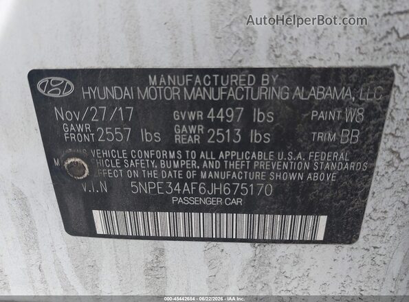 5NPE34AF6JH675170 2018 HYUNDAI SONATA White Engine compartment view