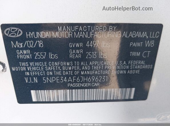 5NPE34AF6JH696231 2018 HYUNDAI SONATA White Vista del compartimento del motor