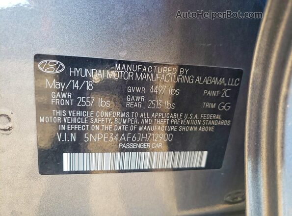 5NPE34AF6JH712900 2018 HYUNDAI SONATA Gray 