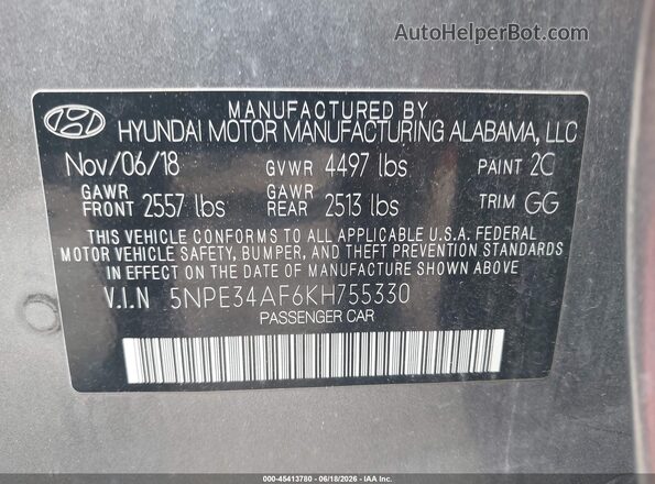 5NPE34AF6KH755330 2019 HYUNDAI SONATA Gray Вид підкапотного простору
