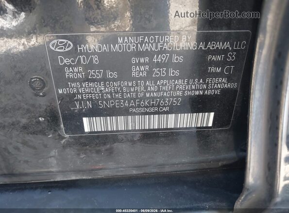 5NPE34AF6KH763752 2019 HYUNDAI SONATA Черный Вид подкапотного пространства