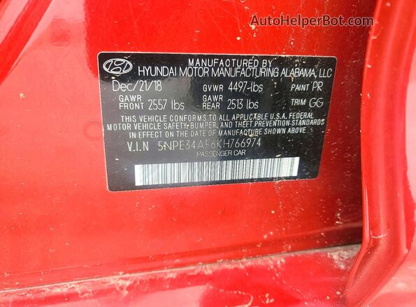 5NPE34AF6KH766974 2019 HYUNDAI SONATA Red Widok komory silnika