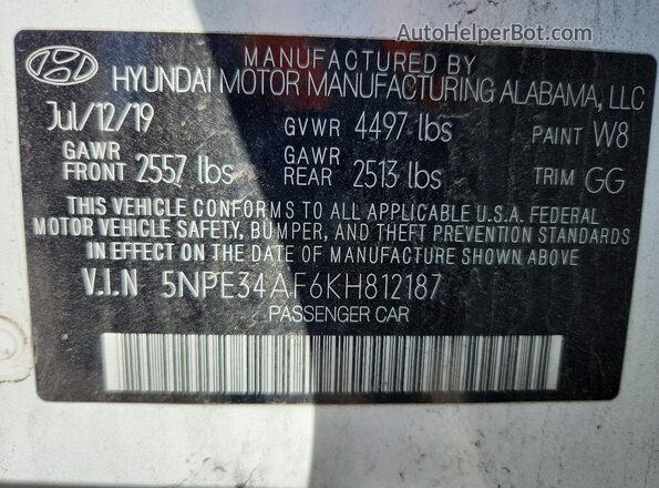 5NPE34AF6KH812187 2019 HYUNDAI SONATA White Вид підкапотного простору